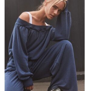 Free People Navy Off-Shoulder Jumpsuit
